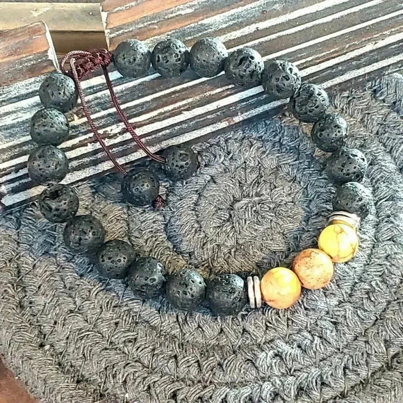 Handcrafted Chakra Bracelet Yellow Aqua Terra Jasper Black Lava - Picture 4 of 8